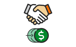 An illustration of a handshake and a dollar sign representing a customer rebate.