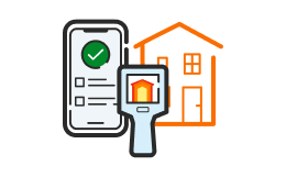 An illustration of a phone running an app and a thermal camera screen showing a heat pattern or scan lines on a house. 